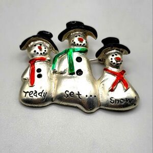 "5/$25" 3 Snowmen Silvertone Enamel Winter Holiday Brooch